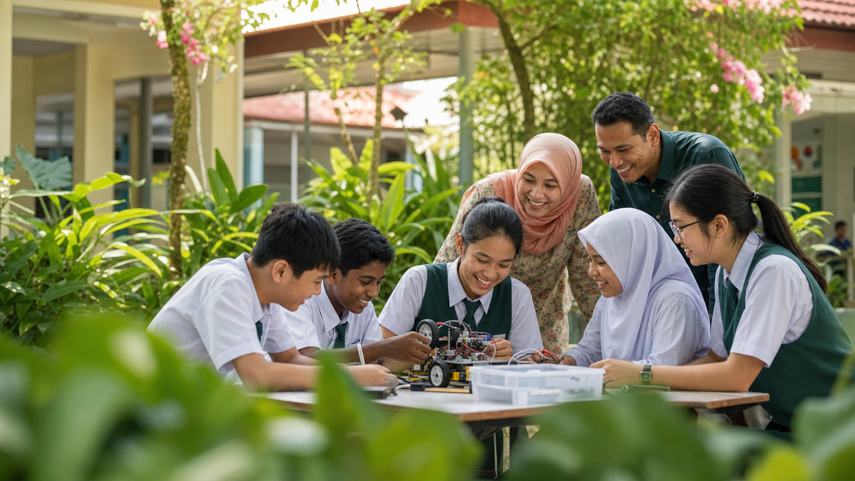 Malaysian students, a teacher and parent collaborating on a robotics project