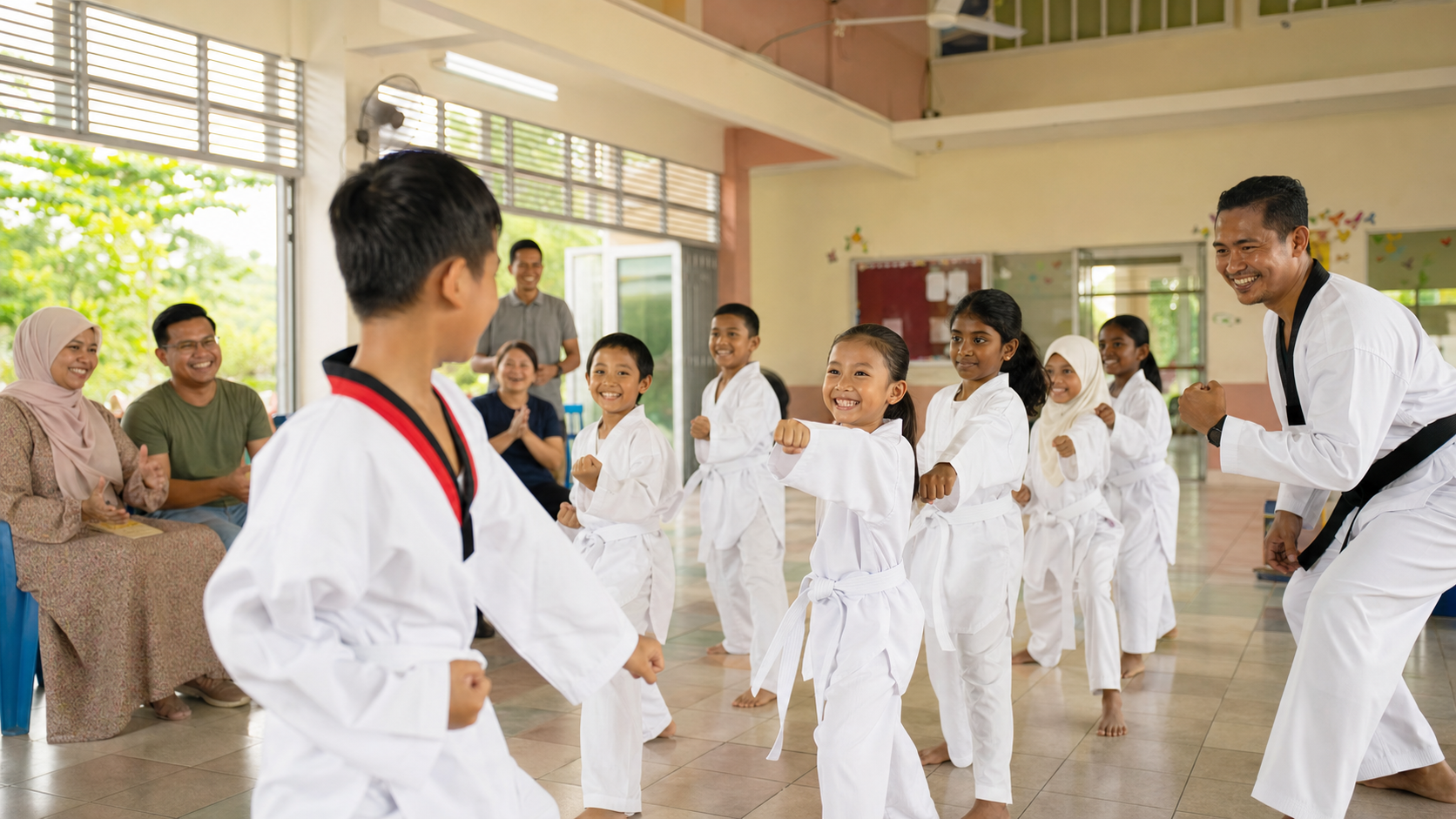 Malaysian children enjoying a Taekwondo class while parents watch